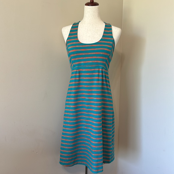 The North Face | Teal Red Stripe Medium Mini Dress Racerback Stretch Jersey Knit - Picture 1 of 16